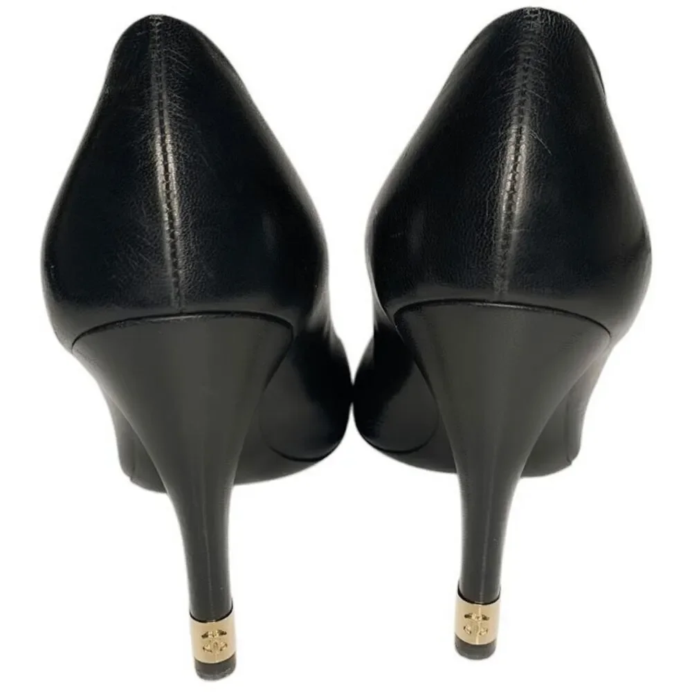 Chanel Interlocking CC Logo Black Leather Pumps EU 37 US 6-6.5 Pearl High Heels